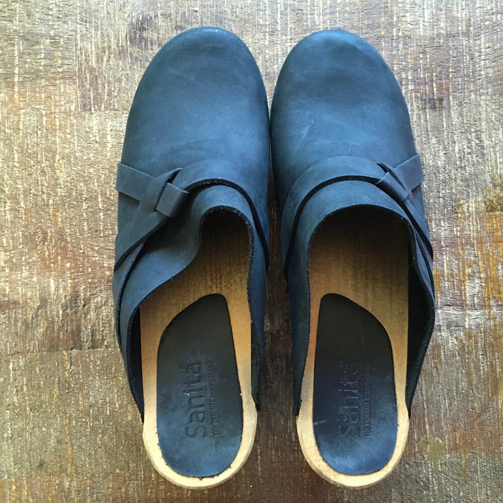 Sanita Manuella Clog Womens 39 8 Black Slip On Leather Wood Classic Comfort - Picture 11 of 12